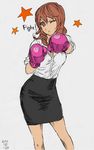  bad_id bad_pixiv_id boxing_gloves breasts brown_eyes brown_hair cleavage copyright_request highres medium_breasts office_lady one_eye_closed pencil_skirt sasa_(picjs09) sketch skirt sleeves_rolled_up solo 