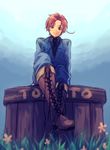  axis_powers_hetalia boots box flower formal male_focus northern_italy_(hetalia) red_hair sitting smile solo tnmp tomato 
