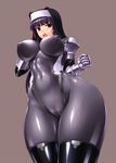  black_hair bodysuit breasts cameltoe covered_nipples curvy elbow_gloves from_below gloves habit huge_breasts kamori_sayaka large_breasts latex nun open_mouth original rindou_(radical_dream) shiny shiny_clothes skin_tight solo thighhighs tight wide_hips 