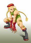  angry beret blonde_hair blue_eyes bodypaint boots braid breasts cammy_white covered_nipples fingerless_gloves gloves green_leotard hat ikumo_taisuke leotard lips long_hair medium_breasts scar solo squatting street_fighter 