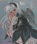  acrylic_paint_(medium) ahoge ama-tou crescent_moon doll_joints hairband highres long_hair looking_at_viewer moon purple_eyes rozen_maiden solo suigintou traditional_media white_hair wings 
