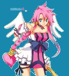  blue_eyes braid disgaea hair_tubes heart kame_tora makai_senki_disgaea_4 pink_hair ribbon smile solo tabard vulcanus_(disgaea_4) weapon wings 