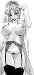  breasts cigarette doctor english garter_belt greyscale hair_bun hard_translated highres labcoat large_breasts long_hair marugoshi_teppei monochrome nipples no_bra no_panties non-web_source pubic_hair simple_background smirk smoking solo thighhighs 