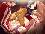  4boys anal black_hair blonde_hair censored fellatio foursome group_sex honda_kenji igarashi_taichi kichiku_megane male male_focus mido_takanori multiple_boys oral penetration saeki_katsuya sex short_hair table yaoi 