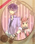  1girl animal_ears bad_id bad_pixiv_id bandages brown_eyes bunny_ears cake eyebrows fingerless_gloves food gloves hair_ornament happy_birthday long_hair open_mouth original pastry pink_hair purple_eyes purple_hair smile spoon tsukudato 