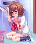  arizuki_ui black_legwear blue_eyes blush breath brown_hair clothes_sniffing holding indoors kud_wafter laundry little_busters! mary_janes plaid plaid_skirt shoes short_hair short_sleeves shorts skirt smelling solo sweat white_footwear zen 
