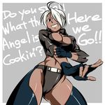  ahoge angel_(kof) ass_visible_through_thighs blue_eyes breasts chaps cleavage dark_skin dynamite-kit english fingerless_gloves gloves hair_over_one_eye large_breasts midriff parody sleeves_folded_up solo the_king_of_fighters the_rock thighhighs white_hair wwe 