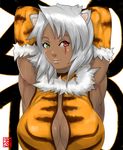  animal_ears animal_print armpits arms_behind_head breasts cleavage dark_skin heterochromia highres large_breasts muscle short_hair silver_hair solo tiger_print zangi 