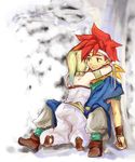  1boy 1girl armband blonde_hair chrono_(series) chrono_trigger couple crono female headband hug long_hair male marle mituihisasi ponytail red_hair short_hair sitting spiked_hair spiky_hair wristband 