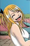  bare_shoulders blonde_hair cleavage fairy_tail fan_colored laugh lucy_heartfilia photoshop smile 