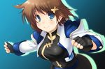  bad_id bad_pixiv_id blue_eyes breasts brown_hair fingerless_gloves gloves hair_ornament iamlsk large_breasts lyrical_nanoha mahou_shoujo_lyrical_nanoha_strikers short_hair smile solo x_hair_ornament yagami_hayate 