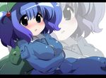  backpack bag between_breasts blue_eyes blue_hair blush breasts hair_bobbles hair_ornament hat kawashiro_nitori key large_breasts letterboxed oka_(bananashoe) short_hair solo touhou twintails two_side_up zoom_layer 