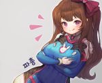  1girl :q annyeongbangawo blue_bodysuit bodysuit bow breast_hold breasts brown_hair character_request cosplay d.va_(overwatch) d.va_(overwatch)_(cosplay) grey_background hair_bow large_breasts long_hair looking_at_viewer maplestory maplestory_2 overwatch pink_bow purple_eyes simple_background smile solo tongue tongue_out twintails 