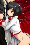  1girl bad_id bad_pixiv_id black_eyes black_hair bottomless break_blade couple hand_on_ass hetero hug navel nike_(break_blade) no_panties open_mouth rakuto_mangan short_hair twintails 