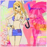 blonde_hair breasts cleavage fairy_tail lowres lucy_heartfilia photoshop race_queen umbrella 