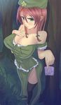  bare_shoulders beret black_legwear bow braid breasts chinese_clothes cleavage condom daito foreshortening green_eyes hair_bow hat highres hong_meiling large_breasts long_hair off_shoulder red_hair side_slit solo thighhighs touhou tree twin_braids 