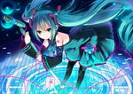  aqua_eyes aqua_hair bad_id bad_pixiv_id bow bowtie detached_sleeves dress hair_ribbon hatsune_miku koi_(koisan) leaning_forward long_hair microphone microphone_stand pantyhose ribbon smile solo twintails very_long_hair vocaloid 