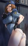  ass beret blue_eyes breasts brown_hair covered_nipples fingerless_gloves gloves hat jill_valentine large_breasts leaning leymei looking_back panties panty_pull resident_evil short_hair solo twisted_torso underwear 
