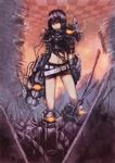  arm_cannon armor belt blackball checkered checkered_background glowing md5_mismatch midriff navel original purple_eyes ruins short_hair shorts solo weapon 