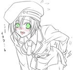  akatsuki_tomato arc_system_works bent_over beret blazblue blush female green_eyes hat lowres military military_uniform monochrome necktie noel_vermillion short_hair solo spot_color uniform white_background 