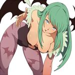  animal_print bat_print bat_wings bent_over breasts cleavage demon_girl face green_eyes green_hair head_wings large_breasts leotard long_hair lowres mineji morrigan_aensland pantyhose print_legwear simple_background solo succubus vampire_(game) wings 