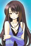  bare_shoulders black_eyes black_hair breasts cleavage detached_sleeves dipper_magic female final_fantasy final_fantasy_viii gradient gradient_background highlights hoshino jewelry long_hair multicolored_hair necklace rinoa_heartilly solo 