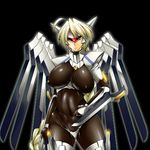  ahoge blade blazblue blonde_hair bodysuit braid breasts covered_nipples dual_wielding glowing glowing_eyes holding huge_breasts impossible_clothes kanten lambda-11 long_hair maebari mask mecha_musume red_eyes shiny shiny_clothes simple_background single_braid skin_tight solo standing turtleneck wings 