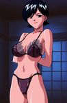  1girl black_hair bra breasts earrings highres indoors jewelry large_breasts lingerie lipstick looking_at_viewer makeup miki_(viper) panties red_lipstick short_hair smile sogna solo underwear viper 