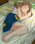  amada barefoot bed bed_sheet breasts brown_hair closed_eyes eyes_closed feet female full_body haruka_(pokemon) lying open_mouth pillow pokemon sheets sleeping solo sweat toes topless underboob 