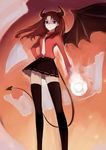  bat_wings black_legwear demon_girl demon_tail fate/stay_night fate_(series) fire horns jack-o'-lantern long_legs necktie pumpkin purple_eyes red_hair single_wing skirt solo sweater tail thighhighs toosaka_rin usakes wings zettai_ryouiki 