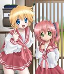  blonde_hair blue_eyes blush green_eyes hand_on_hip kobayakawa_yutaka lucky_star multiple_girls mushoku_no_hourousha open_mouth patricia_martin pink_hair pink_neckwear pointing red_hair ryouou_school_uniform school_uniform serafuku short_hair smile twintails 