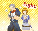  1boy 1girl bandage belt blue_eyes breasts capcom cleavage couple crossed_arms female gene god_hand grey_eyes grey_hair grin jewelry male monaco42 necklace olivia orange_hair short_hair smile wink wristband 