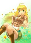  absurdres belt blonde_hair boots emanon123 green_eyes highres hoshii_miki idolmaster idolmaster_(classic) long_hair midriff pointing skirt solo studded_belt 