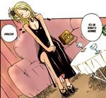  blonde_hair cleavage couch dress fairy_tail fan_colored lucy_heartfilia photoshop scanlation sit sitting smile spanish 