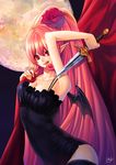  armpits bad_id bad_pixiv_id dagger flower full_moon hair_flower hair_ornament licking_lips long_hair moon original pink_hair pointy_ears red_eyes red_flower red_rose rose solo tamarashi thighhighs tongue tongue_out weapon wings 