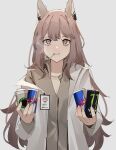  1girl absurdres animal_ears bags_under_eyes brand_name_imitation brown_eyes brown_hair brown_shirt cat_ears cigarette coffee_cup cup disposable_cup drink energy_drink gar32 girls&#039;_frontline highres holding holding_drink id_card jacket long_sleeves monster_energy persica_(girls&#039;_frontline) product_placement red_bull shirt smoking solo starbucks white_background white_jacket 