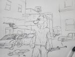  absurd_res alaskan_malamute anthro canid canine canis car crashing domestic_dog gun handgun hi_res holding_object holding_weapon male mammal nordic_sled_dog police_car ranged_weapon revolver shots solo spitz streets traditional_sketch vehicle weapon wolfyalex96 