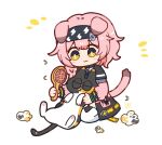  1girl :3 animal animal_ears arknights bangs black_hairband braid cat cat_ears cat_girl cat_tail closed_eyes commentary_request dog-san full_body fur garter_straps goldenglow_(arknights) hair_between_eyes hair_brush hair_over_shoulder hairband holding holding_brush jacket lightning_bolt_print long_hair long_sleeves open_clothes open_jacket pink_hair pink_jacket print_hairband puffy_long_sleeves puffy_sleeves seiza simple_background single_braid sitting solo tail thighhighs white_background white_thighhighs yellow_eyes 