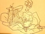  anthro antlers beastars bedding canid canine canis cervid clothed clothing collarbone crossed_legs duo eyes_closed horn legoshi_(beastars) louis_(beastars) male male/male mammal mug steam waking_up wolf wuffinarts 