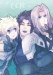  3boys aqua_background arm_around_neck armor bangs belt black_gloves black_hair black_jacket blonde_hair blue_eyes blue_shirt chest_strap closed_eyes cloud_strife crisis_core_final_fantasy_vii crossed_arms final_fantasy final_fantasy_vii frown gloves grey_hair jacket light_smile long_bangs long_sleeves looking_at_another looking_at_viewer male_focus multiple_boys open_mouth parted_bangs ringomell_ura sephiroth shirt short_hair shoulder_armor smile spiked_hair suspenders upper_body v zack_fair 