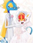  &lt;3 &lt;3_eyes anthro blue_body blush cinderace clothed clothing dress duo eyewear female flower flower_on_head fur generation_8_pokemon glasses glistening happy hi_res inteleon interspecies_relationship kiki_(artist) lagomorph leporid lizard long_tail male male/female mammal nintendo open_mouth plant pokemon pokemon_(species) reptile scalie size_difference star video_games wedding wedding_clothing wedding_dress wedding_gloves white_body white_clothing white_fur 