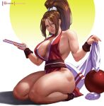  1girl belt breasts brown_belt brown_eyes brown_hair cleavage cleavage_cutout clothing_cutout fatal_fury folding_fan hair_behind_ear hair_between_eyes hair_strand hand_fan holding holding_fan large_breasts long_hair looking_at_viewer patreon_logo pelvic_curtain rejean_dubois revealing_clothes seiza shiranui_mai sitting smile solo the_king_of_fighters thick_thighs thighs web_address 