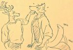 anthro antlers beastars bodily_fluids canid canine canis cervid clothed clothing duo excited eyes_closed fists_clenched fully_clothed half-closed_eyes horn legoshi_(beastars) louis_(beastars) male male/male mammal narrowed_eyes scratching_neck smile sweat tail_motion tailwag wuffinarts 