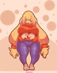  anthro big_breasts big_butt blonde_hair bottomwear breasts butt chubby_female clothing cute_expression denim denim_clothing fan_character female green_eyes hair hi_res huge_breasts huge_butt huge_hips jeans mistleinn pants simple_background solo sweater topwear 