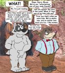  2019 4_fingers answering_door anthro badger black_nose blush brown_body brown_eyes brown_fur bruce_(brucebadger) brucebadger casual_nudity chubby_anthro chubby_male clothed clothed/nude clothed_male_nude_male clothing covering covering_crotch dialogue duo english_text eulipotyphlan fingers flustered fur grey_body grey_fur looking_away male mammal mature_anthro mature_male mole_(animal) mustelid musteline nero_(brucebadger) nude outside overalls photo_background pink_nose slightly_chubby speech_bubble standing stated_heterosexuality stated_sexuality text 