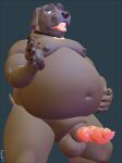  3d_(artwork) after_transformation animal_genitalia animal_penis anthro balls belly black_nose canid canine canine_penis canis chubby_anthro chubby_male collar dark_grey_fur digital_media_(artwork) domestic_dog english_text genitals handpaw knot knoty_dog_(koorivlf) male mammal navel nipples nude open_mouth overweight pawpads paws penis red_penis sheath signature simple_background solo teeth text tongue vein veiny_penis weight_gain 