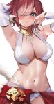  1girl armpits arms_up au_ra avatar_(ff14) blush breasts commission cowboy_shot crop_top cyobiro detached_sleeves eyes_visible_through_hair final_fantasy final_fantasy_xiv gold_trim green_eyes hair_over_one_eye harem_outfit highres horns jewelry large_breasts looking_at_viewer navel neck_ring one_eye_closed open_mouth panties parted_lips red_hair red_skirt scales shirt short_hair simple_background skeb_commission skirt solo stomach sweat tail underwear wet white_background white_panties white_shirt white_sleeves 