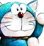  2016 anthro bell blue_body blue_fur collar domestic_cat doraemon doraemon_(character) ears_up felid feline felis front_view fur machine male mammal mouth_closed mt_tg raised_arm red_collar red_nose robot shaded simple_background solo standing whiskers white_background white_body white_fur 