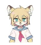  ambiguous_gender anthro blep blue_clothing blush canid canine canis clothing crayon_(artist) domestic_dog fur looking_at_viewer mammal red_clothing simple_background solo tongue tongue_out white_background white_clothing yellow_body yellow_fur 