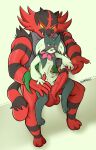  absurd_res anthro balls big_balls big_penis blush bodily_fluids duo felid feline fur generation_7_pokemon generation_9_pokemon genital_fluids genitals girly green_body green_fur hand_holding hand_on_leg hi_res imminent_sex incineroar lumipetals male male/male mammal mask meowscarada muscular muscular_anthro muscular_male nervous nintendo penis penis_size_difference pokemon pokemon_(species) precum pubes red_body red_fur simple_background size_difference sweat vein veiny_penis video_games 